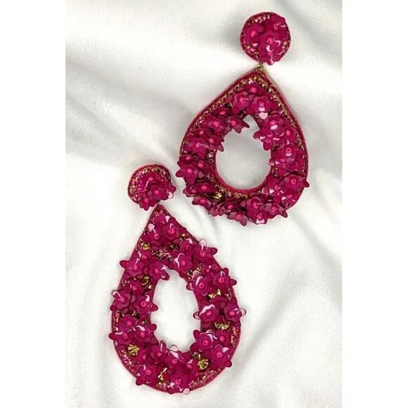 Deepa Gurnani Antropologie Earrings Sequin Beaded Floral Dangle Teardrop Fuschia - Picture 1 of 11